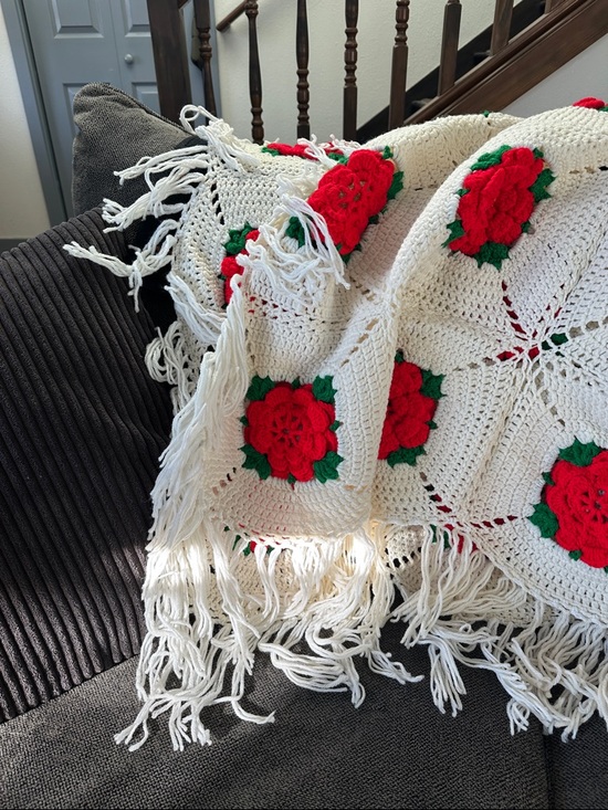 Handmade Other - Vintage Handmade Crocheted Cream Fringe Blanket with Red Rose Appliqués